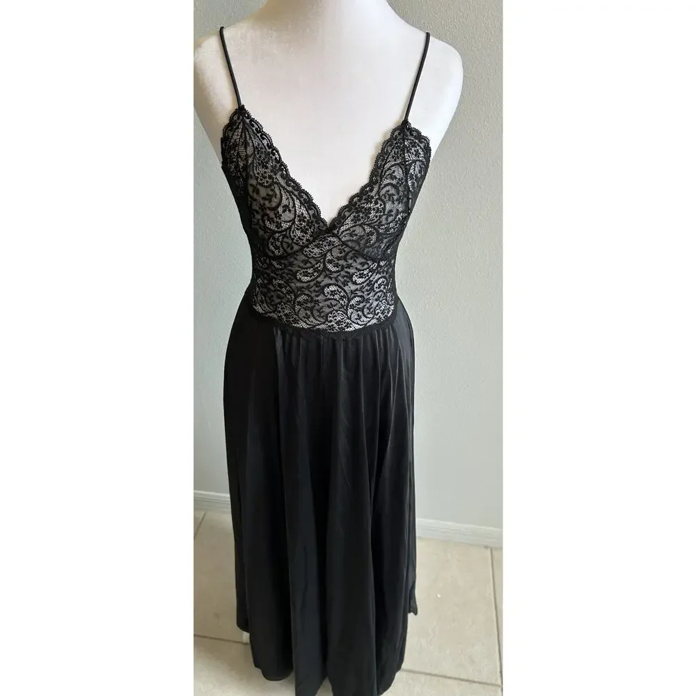 VTG 70s Nightgown Black Lace Bodice Long Maxi Glam Whimsygoth Romantic Flowy USA
